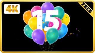 Balloons number 15 with confetti birthday black screen loops