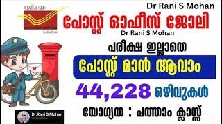 POST OFFICE RECRUITMENT 2024 FULL DETAILS MALAYALAM || DR RANI S MOHAN || 4433 GOVT JOBS ||