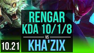 RENGAR vs KHA'ZIX (JUNGLE) | KDA 10/1/8, 1.3M mastery points, 500+ games | EUW Grandmaster | v10.21