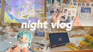 cozy night vlog  trying genshin on a projector, diy home theater, watching anime, merch haul