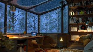 Study Room in Winter with Relaxing Snow and Fireplace Sounds