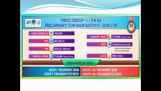 APPOLO STUDY CENTRE NEW BATCHES - TNPSC GROUP I , II & IIA PRILIMINARY BATCH AND PCM BATCH