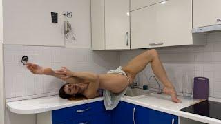 Stretching and yoga in kitchen