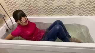 Wetlook in tight jeans and top / wet hair / Miss Viki