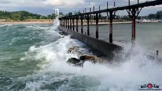 Massive Waves Slam Into Michigan City Lighthouse 4K Drone Footage