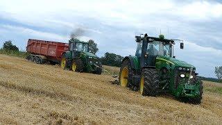 John Deere 7920 Gets Pulled Free By It's Bigger Brother - John Deere 8530 | Danish Harvest 2017