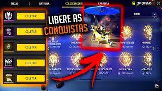 COMO DESBLOQUEAR TODAS CONQUISTAS E GANHAR EMOTE GRÁTIS! LIBERAR COLOCAR TÍTULO PERFIL FREE FIRE ff