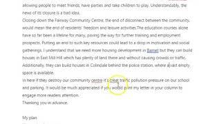Letter to council regarding closure of local community centre