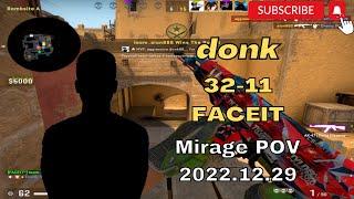 15yo 5000ELO~ Spirit Academy donk (32-11) Mirage POV @ FACEIT ranked 2022.12.29 - CSGO POV