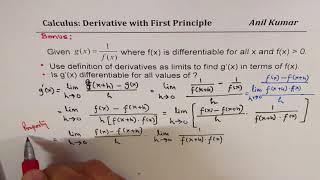 Derivative of Reciprocal Function g(x) = 1/f(x) Using First Principles