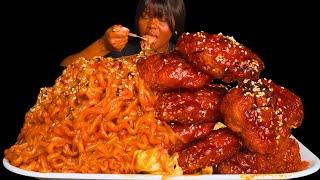 ASMR SPICY CHICKEN WINGS  & SPICY NOODLES DUMPLINGS  MUKBANG (Talking) |Sticky Eating Sounds