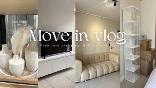 MOVE IN VLOG EPISODE1 : furniture delivery, couch unwrapping, installations, lunch &more