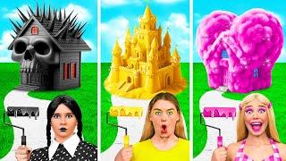 Wednesday vs Barbie One Colored House Challenge | Funny Moments by BaRaDa Gold Challenge