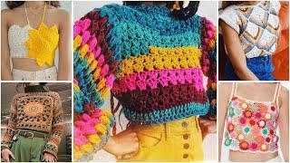 Beautiful crochet cotton thread fancy top/crochet colourful designer top designs #crochetcroptop