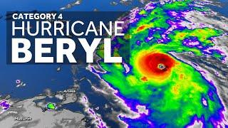 Major Hurricane Beryl breaks records after strengthening to Category 4 in the Atlantic Ocean, her...