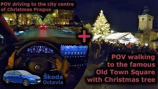 Night POV driving: city centre of Christmas Prague + POV walking to the famous Old Town Square tree