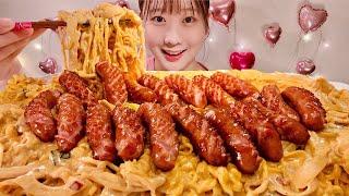 ASMR Creamy Spicy Shin Ramen Fried Sausage【Mukbang/ Eating Sounds】【English subtitles】