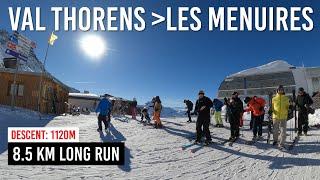 Skiing 8.5km long run from Val Thorens to Les Menuires in Les 3 Vallées