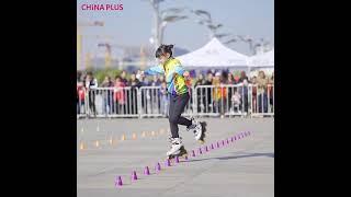 Girl does skating stunts