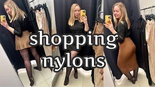 Shopping vlog️ try on new skirts with black tights and shiny sweater