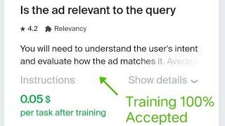 Is the ad relevant to the query 0.05 Training 100% Accepted Toloka Easy Task Earn Mony