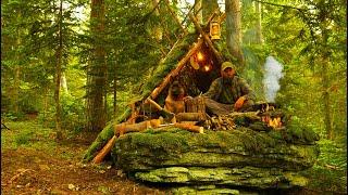 Building Warm Bushcraft Survival Shelter in Wildlife, Fireplace, Campfire Primitive Cooking, ASMR