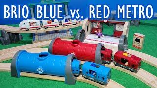 Wooden Trains BRIO Blue Metro City Train Set versus Red Metro Railway Set Wooden