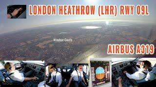 London Heathrow (LHR) | Pilots + cockpit view of early morning Airbus approach + landing runway  09L