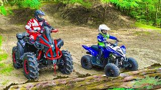 Den and Dad ride on Quad Bikes in the forest Family Fun