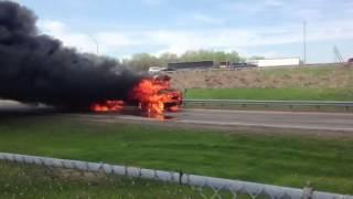 School bus fire rolls into fire engine on I-94