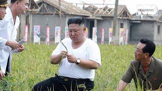 Kim Jong-un inspects flood-hit village after typhoon, wearing an inner shirt