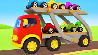 Veículos de serviço transportam os carros de corrida! Desenhos animados e histórias para crianças