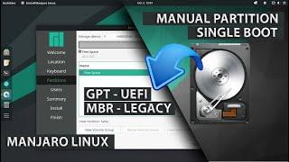 Manual Partition Manjaro Linux | GPT UEFI | MBR LEGACY | Single Boot Manjaro Linux Install | GNOME