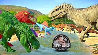 SuperHero Dinosaurs vs Camp Cretaceous Dinosaurs Fighting  JURASSIC WORLD EVOLUTION