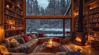 Winter Morning Jazz at Cozy Reading Nook Ambience  Snow Falling with Crackling Fireplace Sounds 