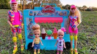 Ice Cream ! Elsa & Anna toddlers - Barbie and Ken dolls - play doh