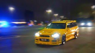 R34 Stagea Arrives At JDM Car Meet Surrounded By Police! - Modified Cars Leaving a Car Meet!