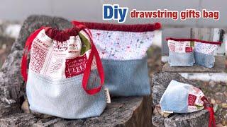 How to sew denim drawstring gifts bag for Christmas gifts , sewing drawstring bag patterns.