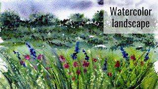 Easy watercolor landscape / Watercolor painting demo for beginners / Summer meadow with wildflowers