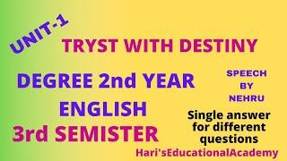 TRYST WITH DESTINY, Degree 3rd sem English, ANU., SPEECH BY NEHRU