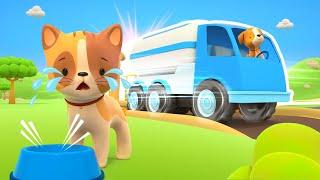 The kitten is hungry. The Helper Cars help the tow truck and clear the road for the milk truck.