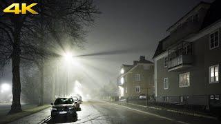 4 AM Foggy night city walk in quiet Swedish Neighborhoods - 4K Slow TV