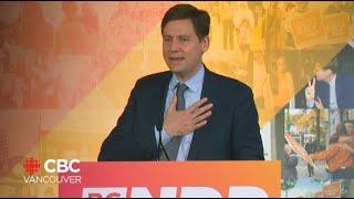 B.C. NDP Leader David Eby addresses supporters after party loses several seats