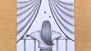 How to draw a girl is standing by the window pencil sketch || Desenho a lápis de menina