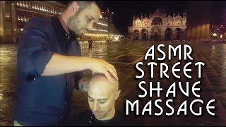  Street Barber Head Shave in Venice with Massage during storm - razor - ASMR no talking 1#