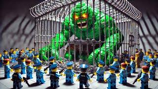 Police surround zombie behind bars - Lego zombie rise