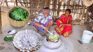 Sea Small fish curry with salgom and Mulo shak vaji cooking & eating by santali tribe old couple