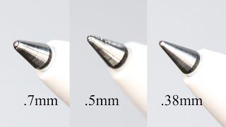 Pen writing tip size comparison with uniball one pens .7mm vs .5mm vs. .38mm