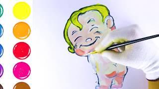 Funny little boy showing his naked baby ass. Drawing and coloring.