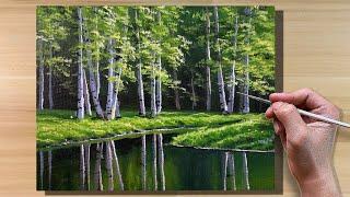 Acrylic Painting Birch Trees Reflection / Correa Art